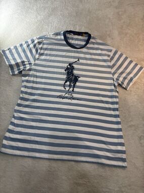 Polo Ralph Lauren Mens Striped Tee Shirt Size XLT Blue White Large Pony Graphic